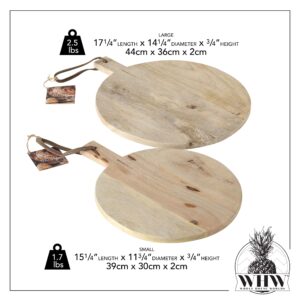 Gastro Chic Cutting Boards, Set of 2, Paddle Shaped, Rustic Mango Wood, Stitched Leather Hanging Straps, Food Safe, Each Over 1 Ft (17.25 and 15.25 Inches Long)