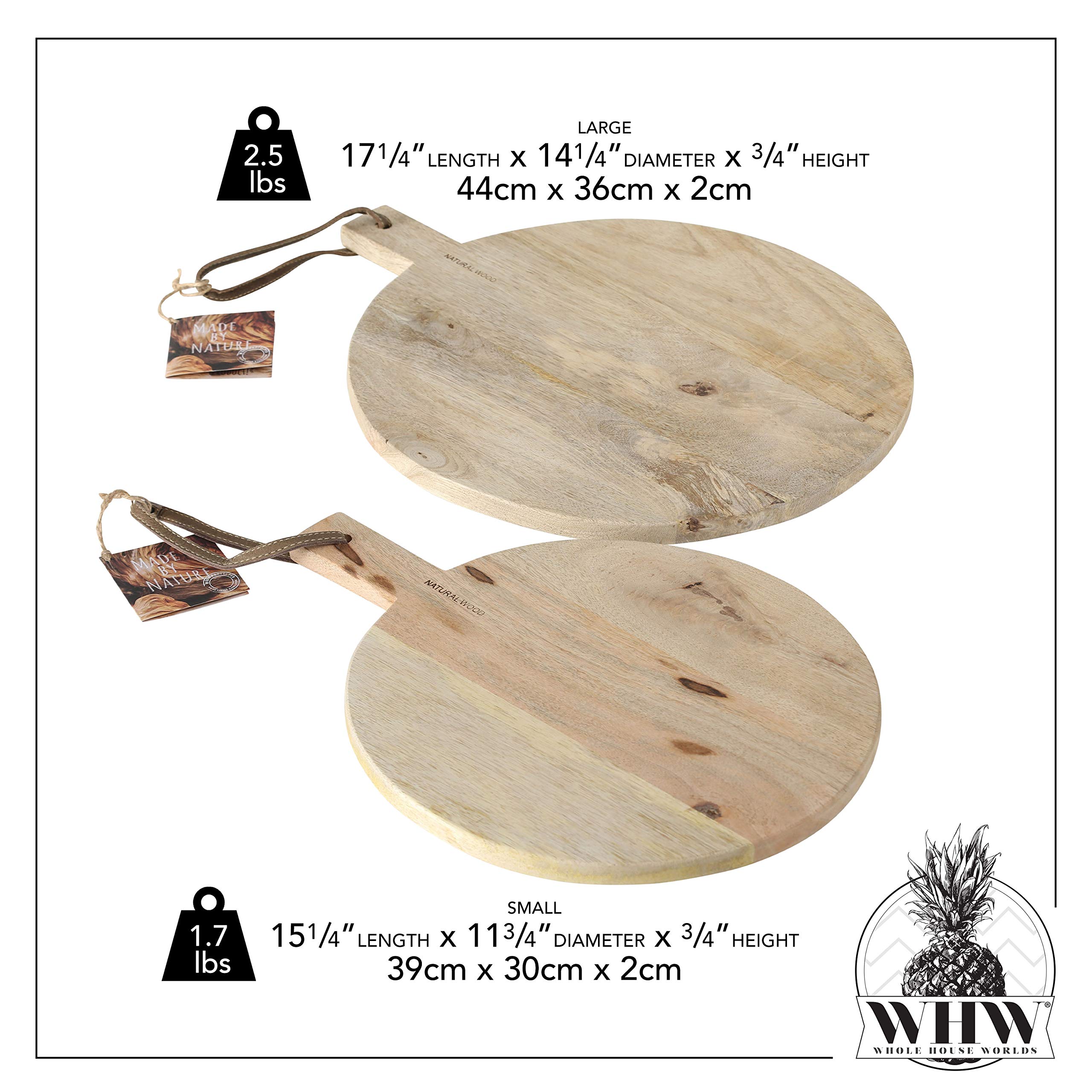 Gastro Chic Cutting Boards, Set of 2, Paddle Shaped, Rustic Mango Wood, Stitched Leather Hanging Straps, Food Safe, Each Over 1 Ft (17.25 and 15.25 Inches Long)