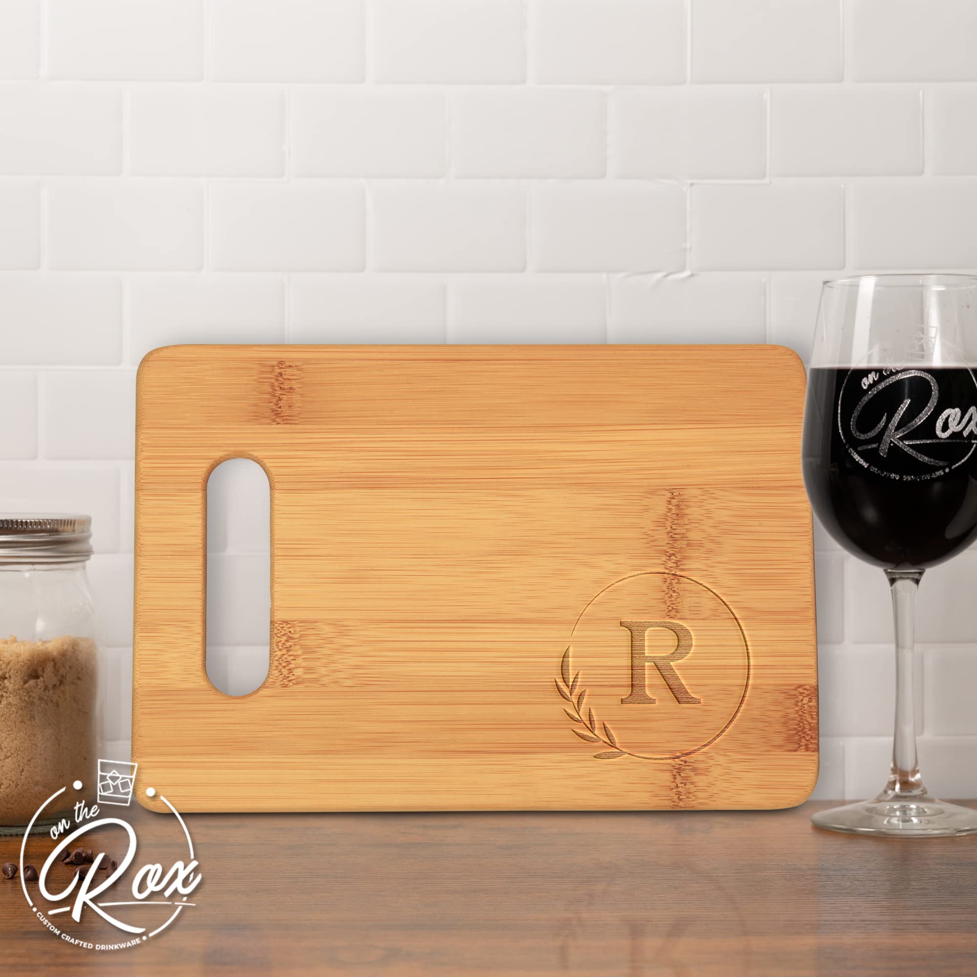 On The Rox Monogrammed Cutting Boards - 9” x 12” A to Z Personalized Engraved Bamboo Board (R) - Large Customized Wood Cutting Board with Initials - Wooden Custom Charcuterie Board Kitchen Gifts