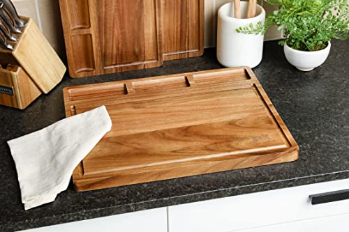 Acacia Wood Cutting Board with Compartments, Cutting Board with Juice Grooves, Charcuterie Board for Meat, Cheese, and Vegetables (Small)