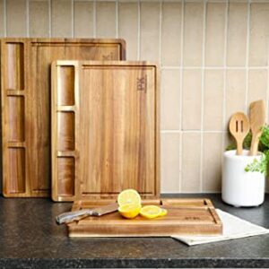 Acacia Wood Cutting Board with Compartments, Cutting Board with Juice Grooves, Charcuterie Board for Meat, Cheese, and Vegetables (Small)