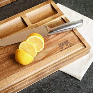 Acacia Wood Cutting Board with Compartments, Cutting Board with Juice Grooves, Charcuterie Board for Meat, Cheese, and Vegetables (Small)