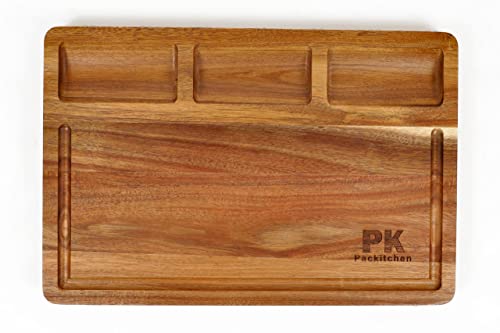 Acacia Wood Cutting Board with Compartments, Cutting Board with Juice Grooves, Charcuterie Board for Meat, Cheese, and Vegetables (Small)