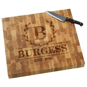 personalization universe laurel wreath personalized butcher block cutting board, custom engraved wood cutting board for kitchen, first home, house 16x18x1.75" - made in usa