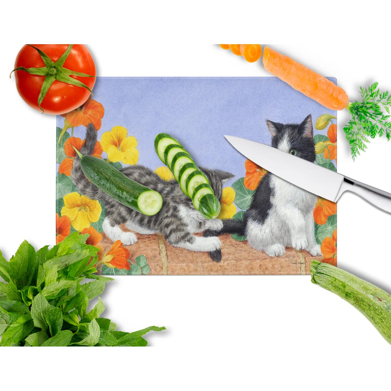 Caroline's Treasures ASA2201LCB Kittens on Wall Glass Cutting Board Large Decorative Tempered Glass Kitchen Cutting and Serving Board Large Size Chopping Board