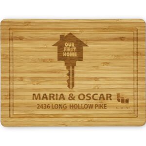 customized new home owner gifts for couples, housewarming couple gift ideas for new house, engraved real estate gifts for new home buyer, personalized bamboo cutting board present for first home buyer