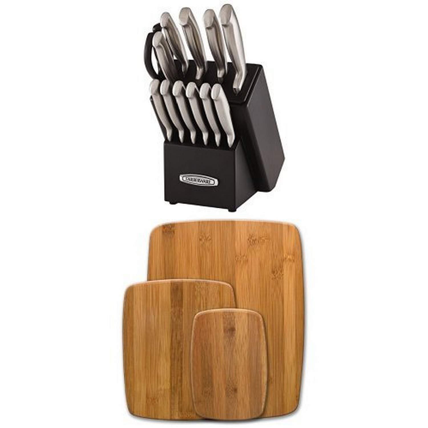 Farberware Self-Sharpening 13-Piece Knife Block Set with EdgeKeeper and 3-Piece Bamboo Cutting Board Set