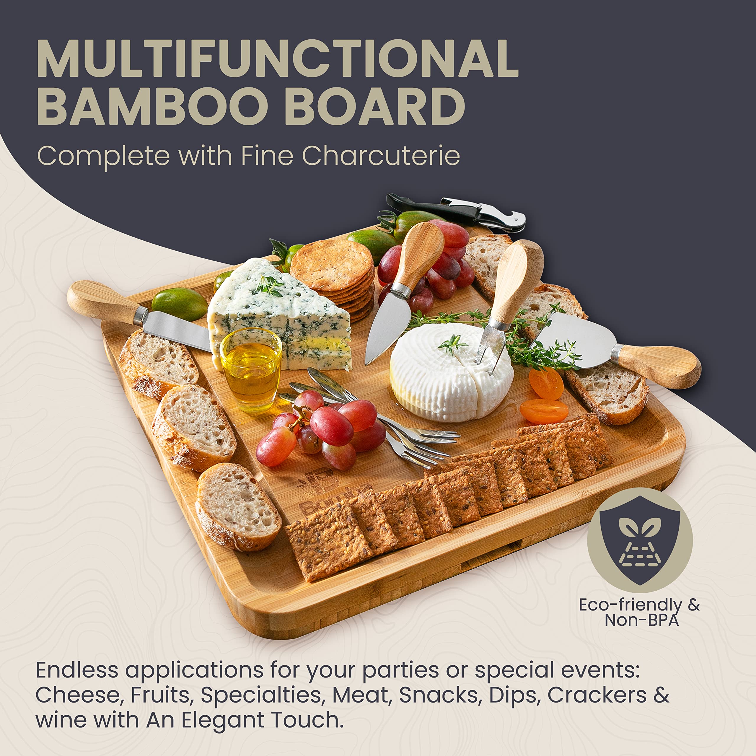 Bamboo Cheese Board – 13 x 13 inches Charcuterie Board with Accessories – Includes 4 Cheese Knives & Forks and Wine Opener - Magnetic Drawer – Ideal for Cheese, Fruit, Wine, Meat