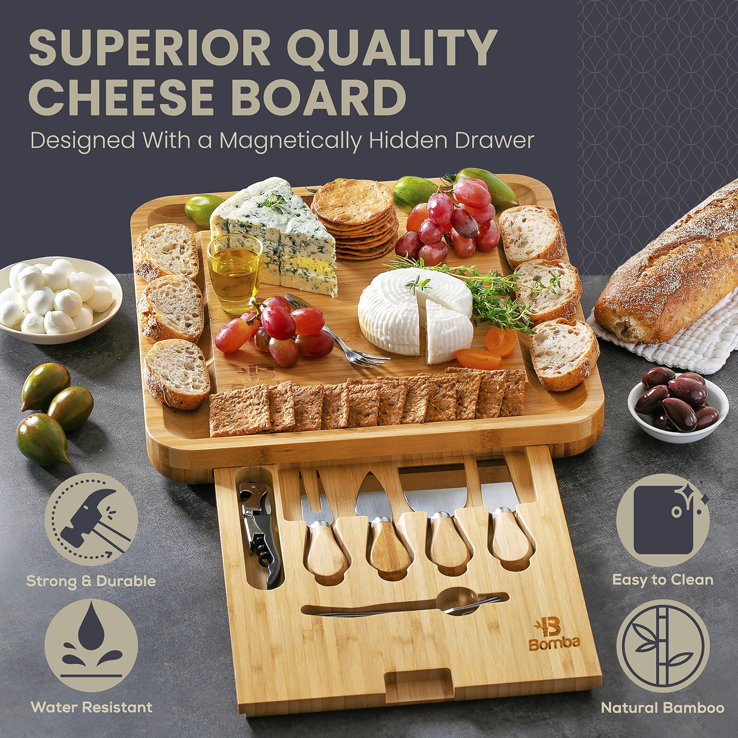 Bamboo Cheese Board – 13 x 13 inches Charcuterie Board with Accessories – Includes 4 Cheese Knives & Forks and Wine Opener - Magnetic Drawer – Ideal for Cheese, Fruit, Wine, Meat