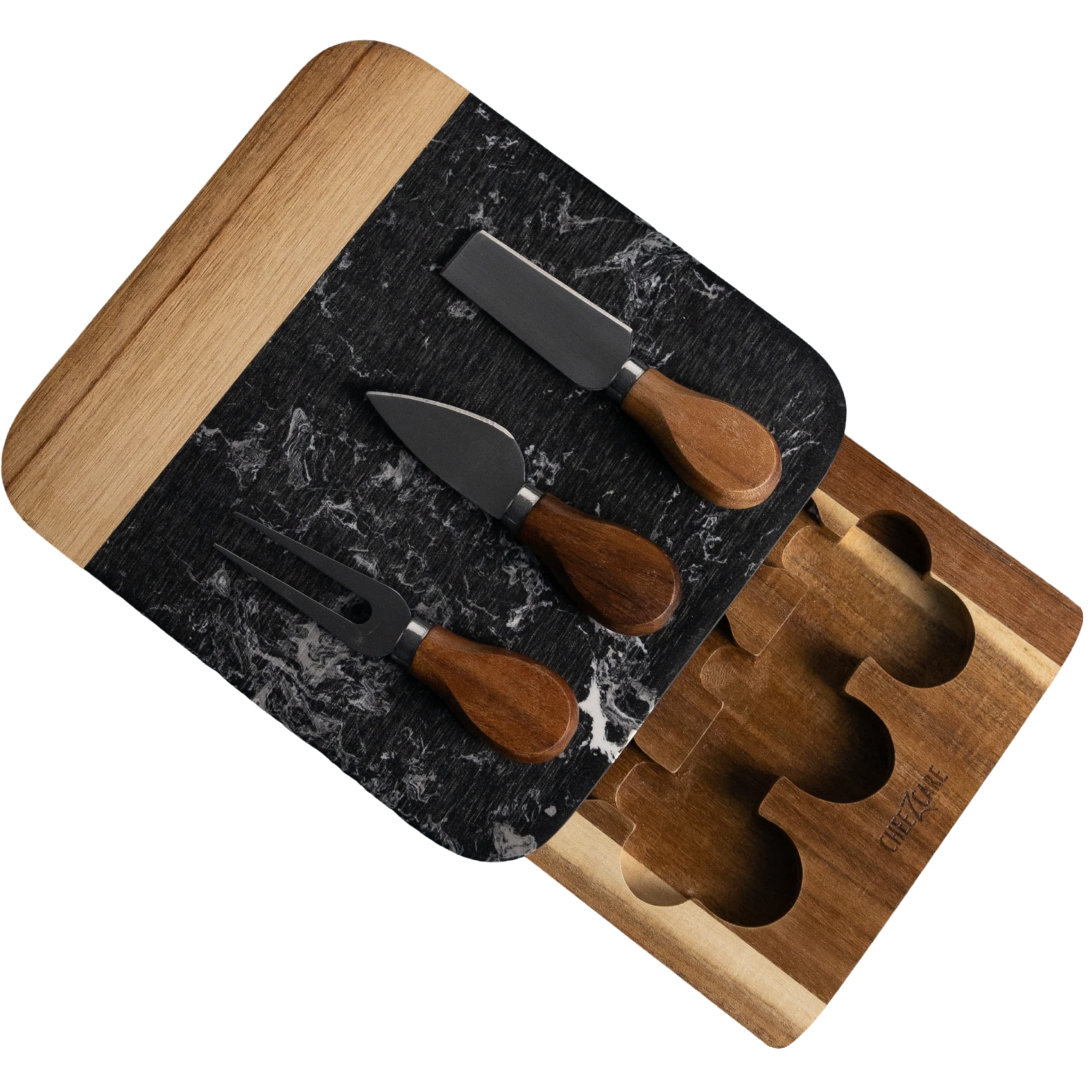 Cheezcare Marble Cheese Board - Acacia Wood Tray with 3-Knife Set - Marble Charcuterie Board for 2-6 People - Great Gift for Weddings, Anniversary & Housewarming Parties - Black Marble Board