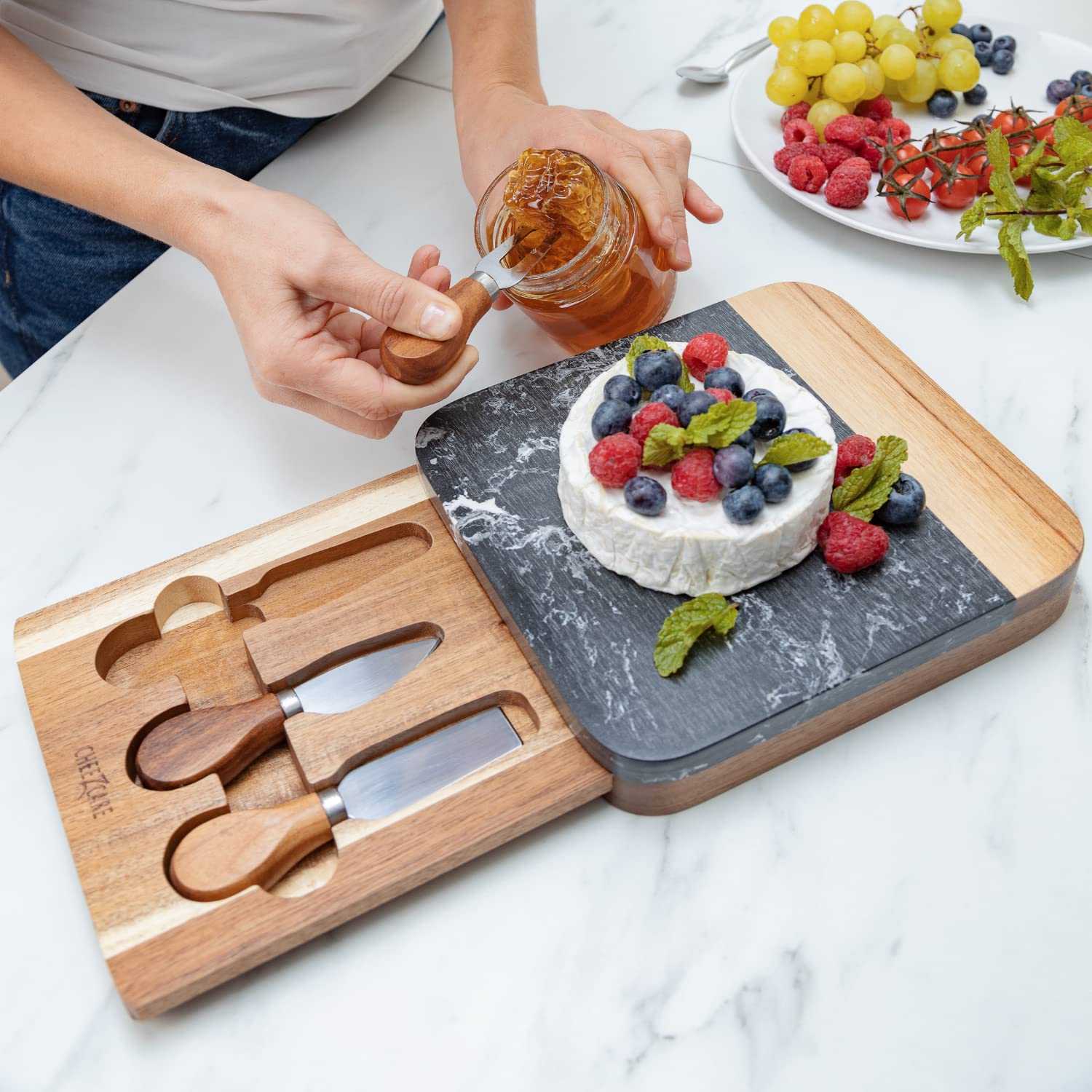 Cheezcare Marble Cheese Board - Acacia Wood Tray with 3-Knife Set - Marble Charcuterie Board for 2-6 People - Great Gift for Weddings, Anniversary & Housewarming Parties - Black Marble Board