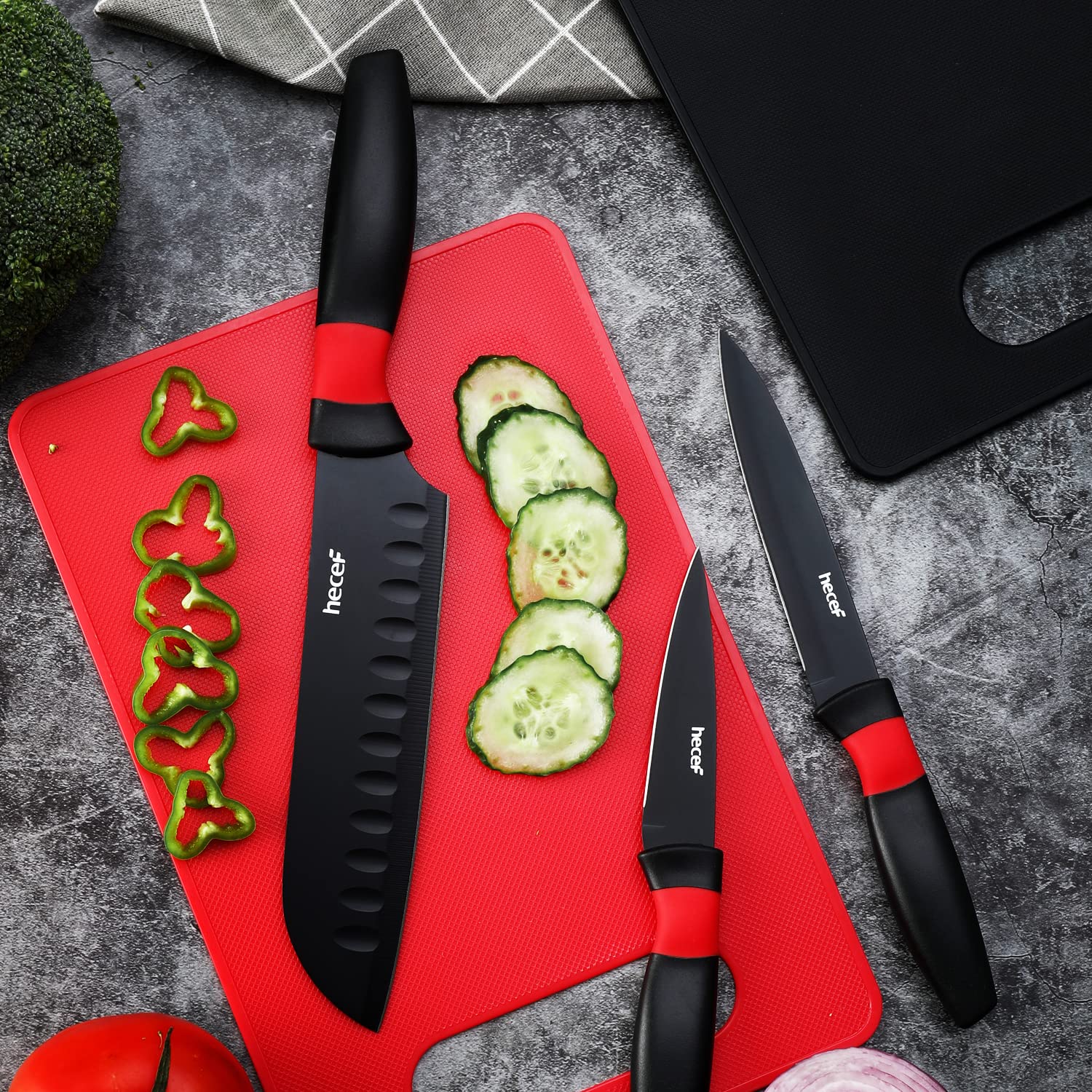 hecef 8-Piece Unique Kitchen knife Set, Knife and Cutting Board Set- 3 Black Stainless Steel Knives with Sheaths and 2 Chopping Mats, Ultra Sharp Knives for Home, Camping, RV, Travel, Picnic and BBQ