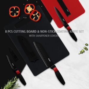 hecef 8-Piece Unique Kitchen knife Set, Knife and Cutting Board Set- 3 Black Stainless Steel Knives with Sheaths and 2 Chopping Mats, Ultra Sharp Knives for Home, Camping, RV, Travel, Picnic and BBQ