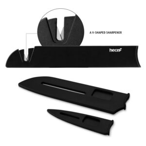 hecef 8-Piece Unique Kitchen knife Set, Knife and Cutting Board Set- 3 Black Stainless Steel Knives with Sheaths and 2 Chopping Mats, Ultra Sharp Knives for Home, Camping, RV, Travel, Picnic and BBQ