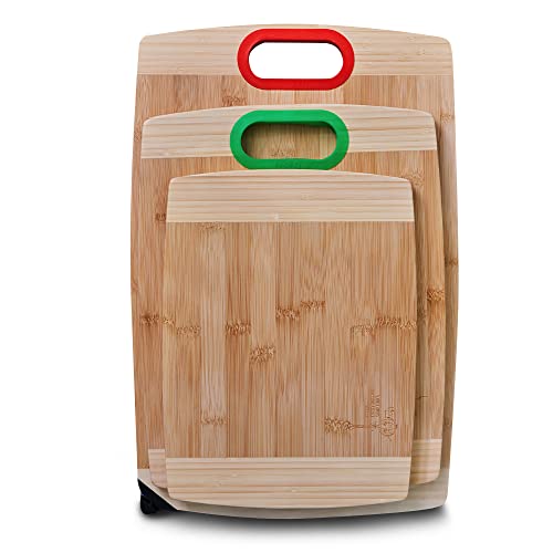 Bamboo Voyage Cutting Board Set of 3, 100% Natural Organic Bamboo, Knife Sharpener, Easy Hang Dry with color Silicone handles, Premium and Sturdy Chopping Boards for Vegetables, Meat and Cheese