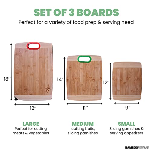 Bamboo Voyage Cutting Board Set of 3, 100% Natural Organic Bamboo, Knife Sharpener, Easy Hang Dry with color Silicone handles, Premium and Sturdy Chopping Boards for Vegetables, Meat and Cheese