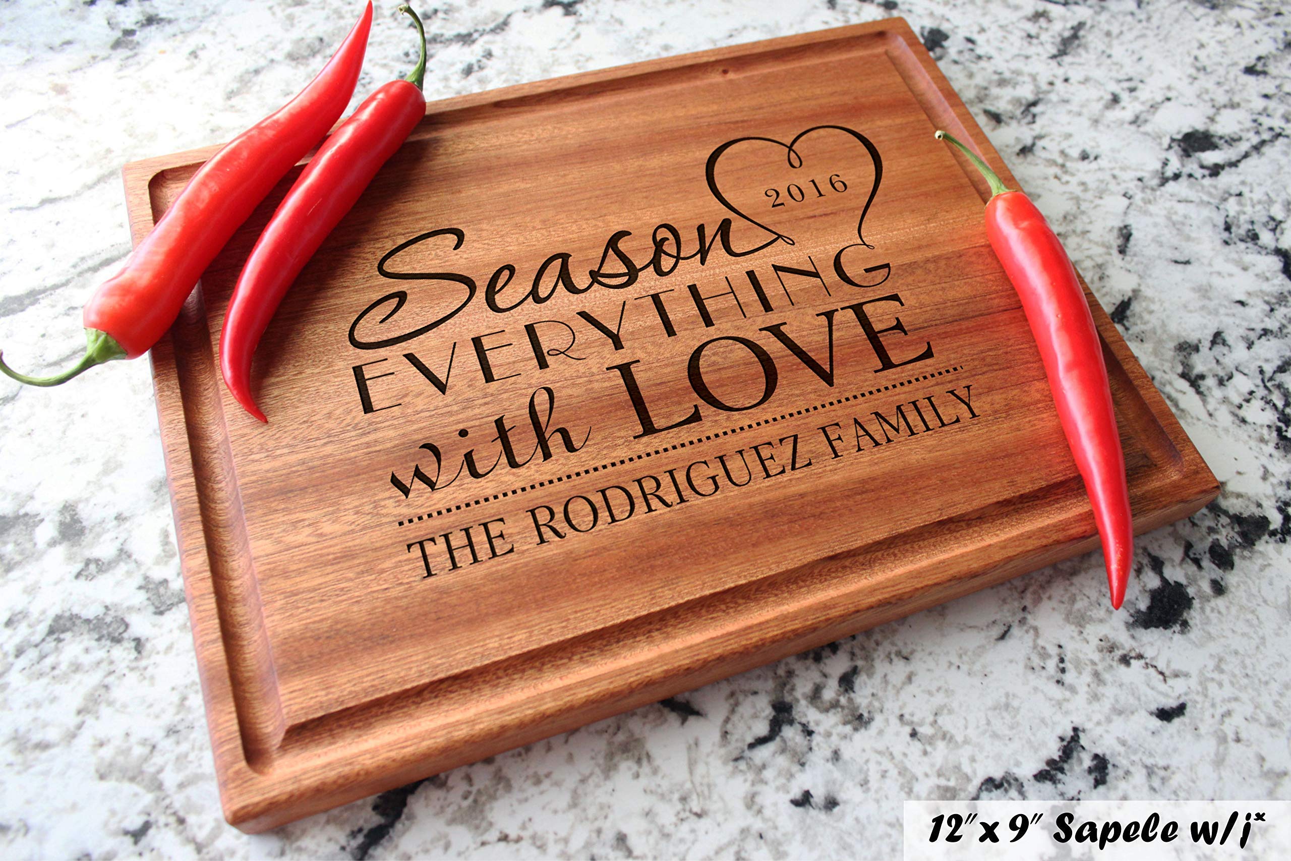 Personalized Cutting Board, Custom Wedding, Anniversary or Housewarming Gift Idea, Wood Engraved Charcuterie, for Couples or Family, Season with Love Design 032