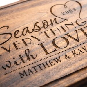 Personalized Cutting Board, Custom Wedding, Anniversary or Housewarming Gift Idea, Wood Engraved Charcuterie, for Couples or Family, Season with Love Design 032