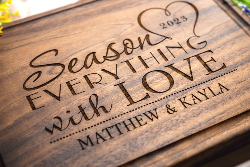 Personalized Cutting Board, Custom Wedding, Anniversary or Housewarming Gift Idea, Wood Engraved Charcuterie, for Couples or Family, Season with Love Design 032