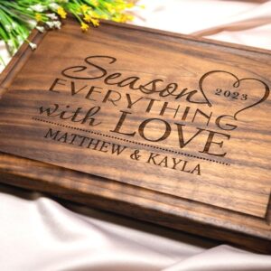 Personalized Cutting Board, Custom Wedding, Anniversary or Housewarming Gift Idea, Wood Engraved Charcuterie, for Couples or Family, Season with Love Design 032