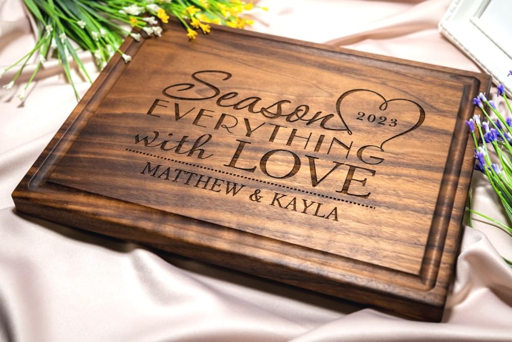 Personalized Cutting Board, Custom Wedding, Anniversary or Housewarming Gift Idea, Wood Engraved Charcuterie, for Couples or Family, Season with Love Design 032