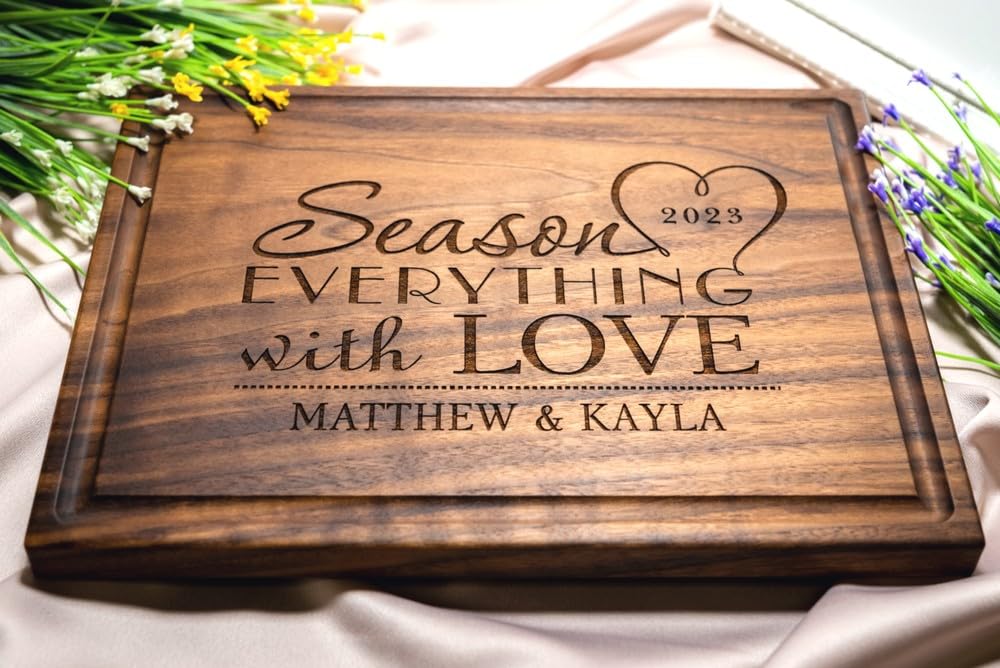 Personalized Cutting Board, Custom Wedding, Anniversary or Housewarming Gift Idea, Wood Engraved Charcuterie, for Couples or Family, Season with Love Design 032