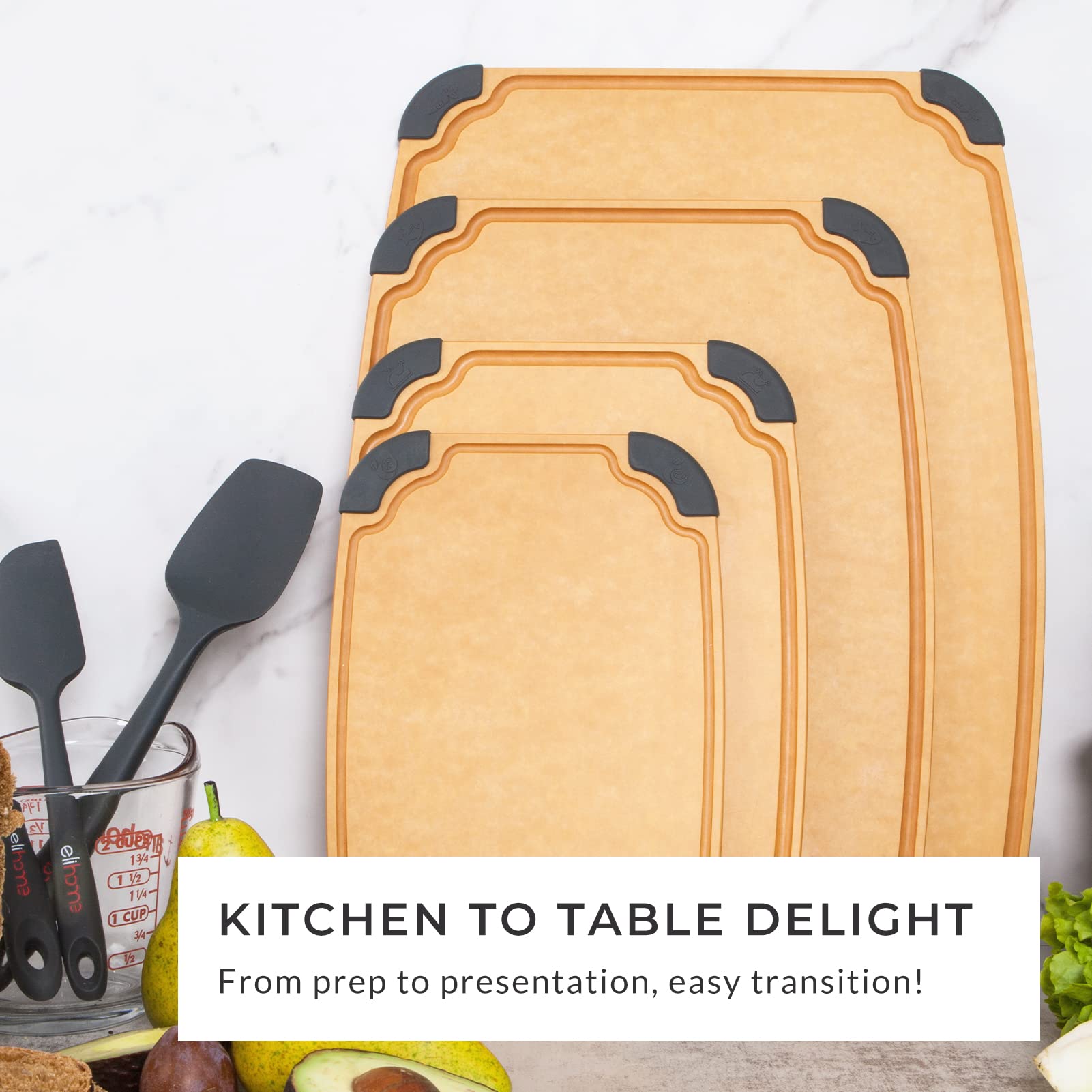 Elihome Essential Series 4-in-1 Bundle, Wood Fiber Kitchen Cutting board, Dishwasher Safe, Knife Friendly, Juice Grooves, Non-Porous,Non-slip Feet,Reversible, BPA Free