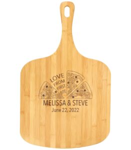 personalized bamboo pizza board with handle customized wood serving cutting pizza board with engraved custom name monogram – wedding, anniversary, housewarming, birthday, mom, dad gift