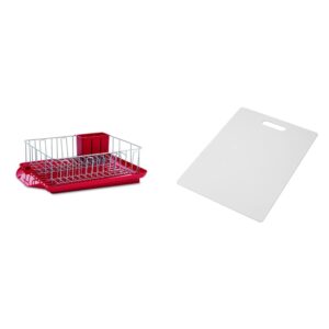 farberware 3-piece dish rack set, red & large cutting board, dishwasher- safe plastic chopping board for kitchen with easy grip handle, 11-inch by 14-inch, white