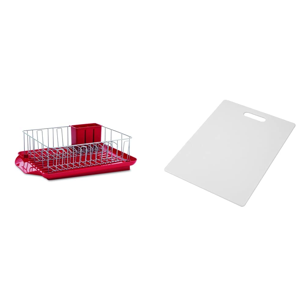 Farberware 3-Piece Dish Rack Set, Red & Large Cutting Board, Dishwasher- Safe Plastic Chopping Board for Kitchen with Easy Grip Handle, 11-inch by 14-inch, White