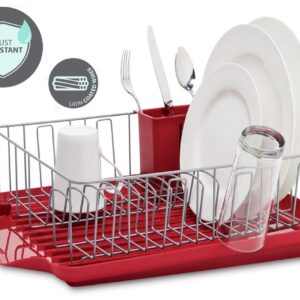 Farberware 3-Piece Dish Rack Set, Red & Large Cutting Board, Dishwasher- Safe Plastic Chopping Board for Kitchen with Easy Grip Handle, 11-inch by 14-inch, White