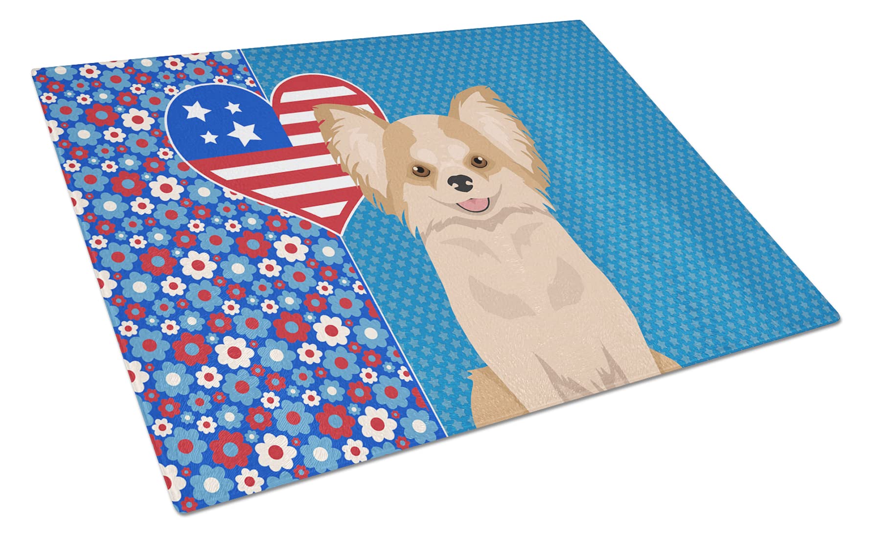 Caroline's Treasures WDK5165LCB Longhaired Gold and White Chihuahua USA American Glass Cutting Board Large Decorative Tempered Glass Kitchen Cutting and Serving Board Large Size Chopping Board