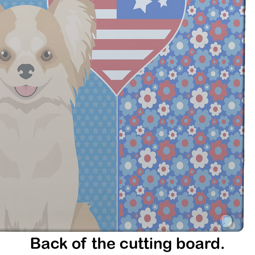 Caroline's Treasures WDK5165LCB Longhaired Gold and White Chihuahua USA American Glass Cutting Board Large Decorative Tempered Glass Kitchen Cutting and Serving Board Large Size Chopping Board