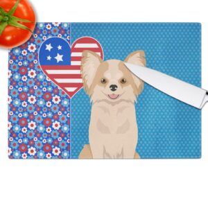 Caroline's Treasures WDK5165LCB Longhaired Gold and White Chihuahua USA American Glass Cutting Board Large Decorative Tempered Glass Kitchen Cutting and Serving Board Large Size Chopping Board