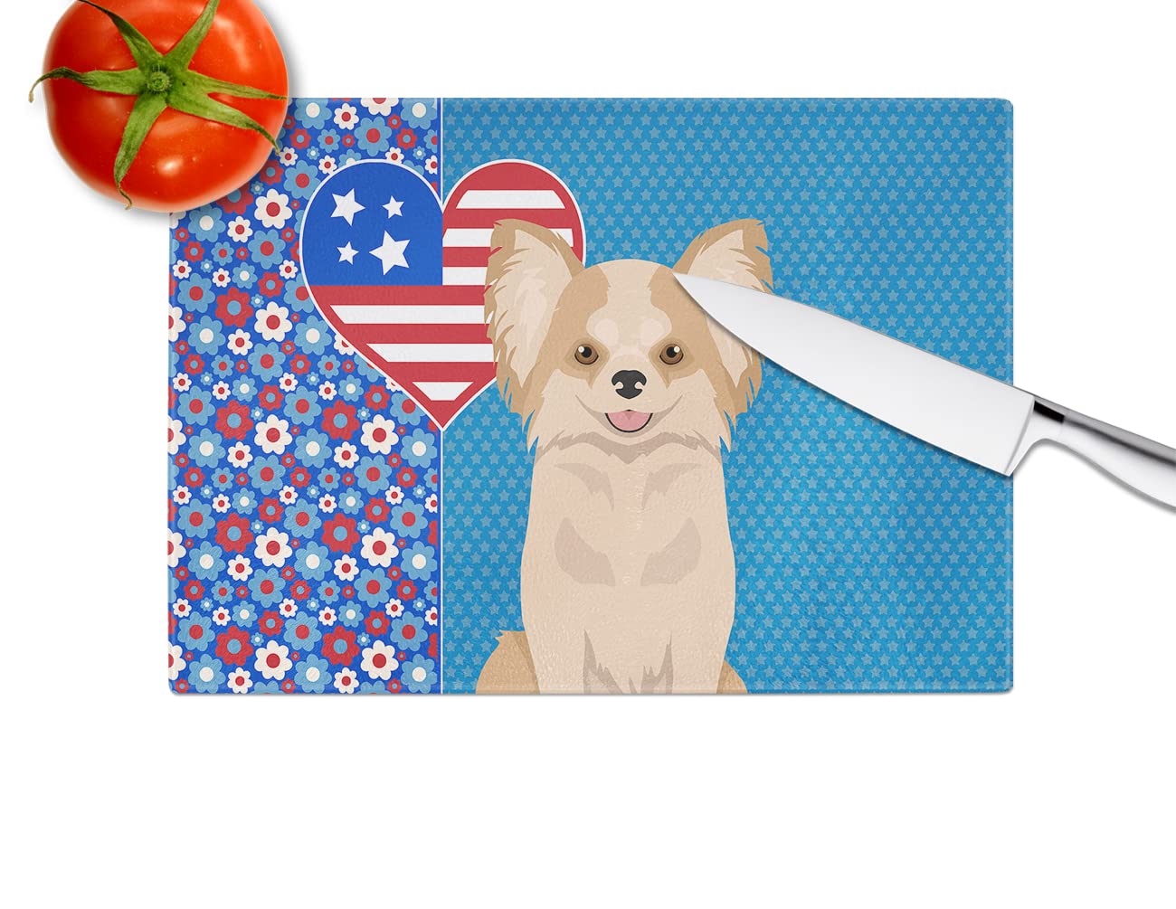 Caroline's Treasures WDK5165LCB Longhaired Gold and White Chihuahua USA American Glass Cutting Board Large Decorative Tempered Glass Kitchen Cutting and Serving Board Large Size Chopping Board