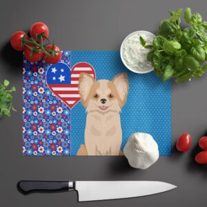 Caroline's Treasures WDK5165LCB Longhaired Gold and White Chihuahua USA American Glass Cutting Board Large Decorative Tempered Glass Kitchen Cutting and Serving Board Large Size Chopping Board