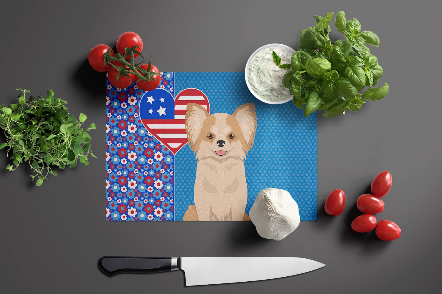 Caroline's Treasures WDK5165LCB Longhaired Gold and White Chihuahua USA American Glass Cutting Board Large Decorative Tempered Glass Kitchen Cutting and Serving Board Large Size Chopping Board