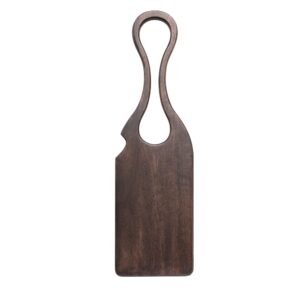 creative co-op acacia wood charcuterie sculptural handle, dark walnut finish cheese/cutting board, black