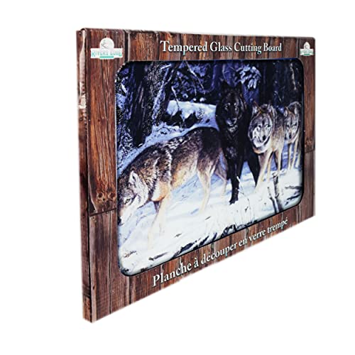 Rivers Edge Products Large 12in x 16in Decorative Tempered Glass Cutting Board, Hypoallergenic, Non Slip, Textured Surface Chopping Board for Kitchen, Pack of Wolves in the Snowy Woods, Wolf