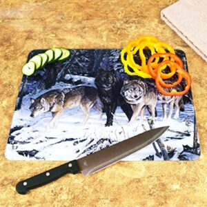 Rivers Edge Products Large 12in x 16in Decorative Tempered Glass Cutting Board, Hypoallergenic, Non Slip, Textured Surface Chopping Board for Kitchen, Pack of Wolves in the Snowy Woods, Wolf