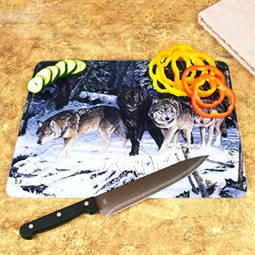 Rivers Edge Products Large 12in x 16in Decorative Tempered Glass Cutting Board, Hypoallergenic, Non Slip, Textured Surface Chopping Board for Kitchen, Pack of Wolves in the Snowy Woods, Wolf