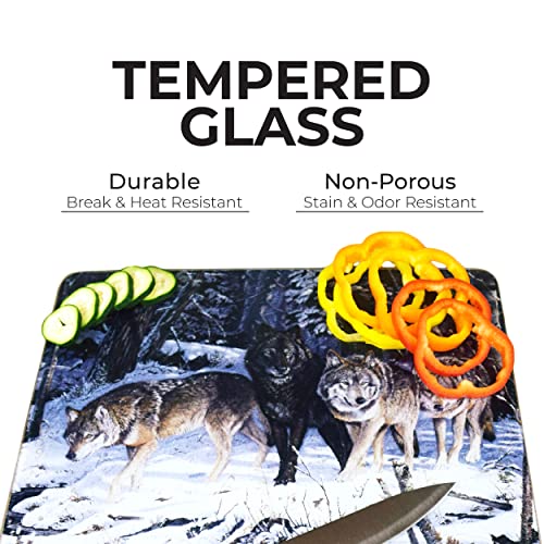 Rivers Edge Products Large 12in x 16in Decorative Tempered Glass Cutting Board, Hypoallergenic, Non Slip, Textured Surface Chopping Board for Kitchen, Pack of Wolves in the Snowy Woods, Wolf