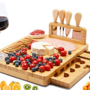 Itopfox Bamboo Cheese Board and Knife Set for Kitchen, Charcuterie Board with Drawer, Serving Tray, Charcuterie Platter Cutting Board Cheese Meat Fruit, Housewarming Wedding Birthday Christmas Gift