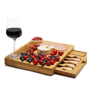 Itopfox Bamboo Cheese Board and Knife Set for Kitchen, Charcuterie Board with Drawer, Serving Tray, Charcuterie Platter Cutting Board Cheese Meat Fruit, Housewarming Wedding Birthday Christmas Gift