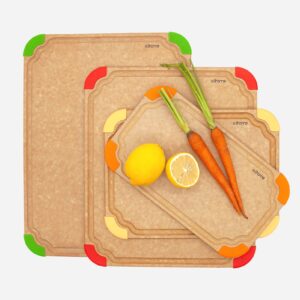 elihome premium series 4-in-1 kitchen cutting board set, non slip feet, color coded with food icon, natural wood fiber, dishwasher safe, eco-friendly, juice grooves,non porous, bpa free, made in usa