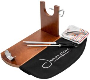 professional ham stand lacquered with ham knife + sharpening steel + ham cover + kitchen cloth + tongs - ham holder ideal for serrano ham, iberico ham and italian prosciutto - jamonprive