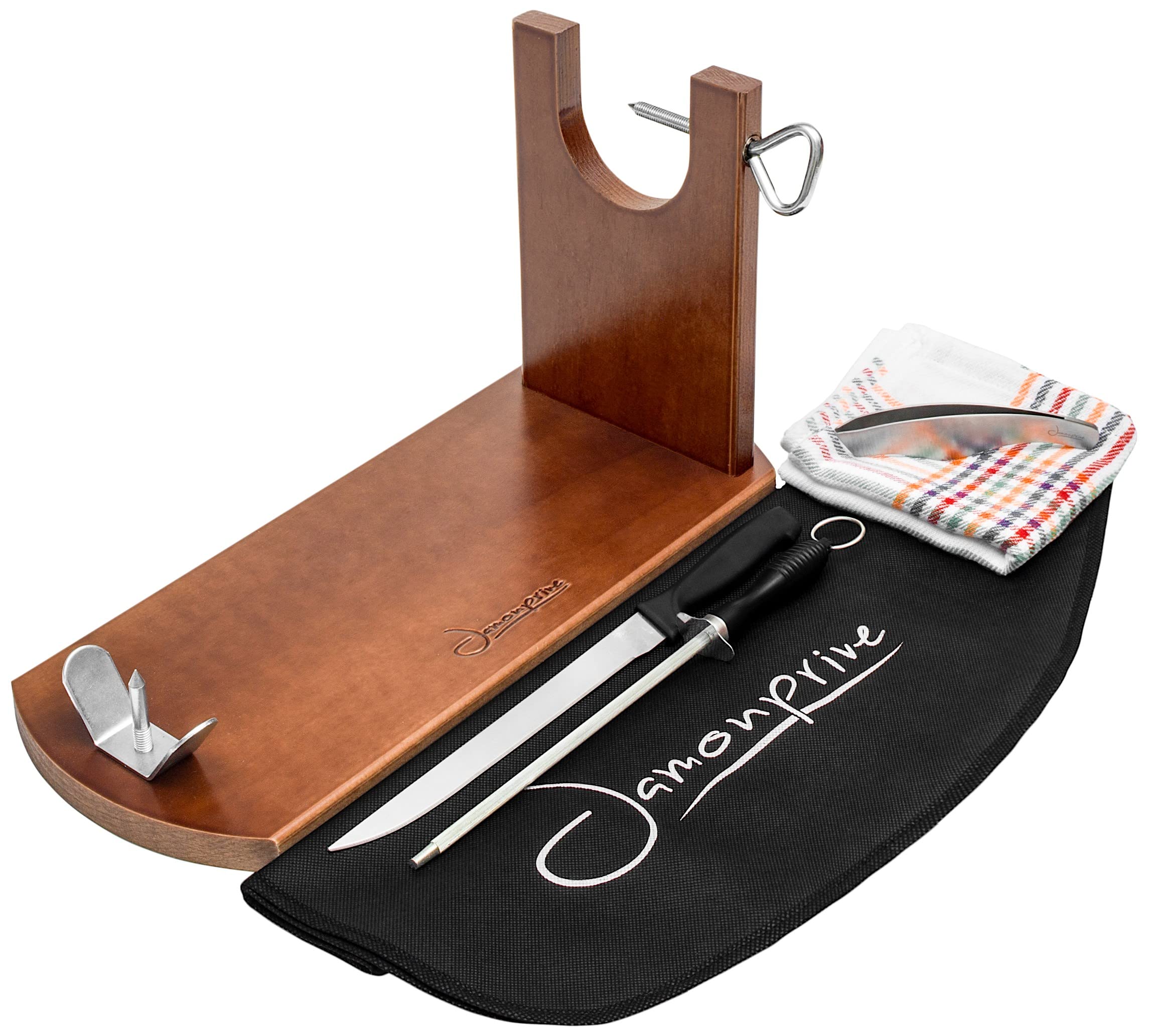 Professional Ham Stand Lacquered with Ham Knife + Sharpening Steel + Ham Cover + Kitchen Cloth + Tongs - Ham Holder Ideal for Serrano Ham, Iberico Ham and Italian Prosciutto - Jamonprive