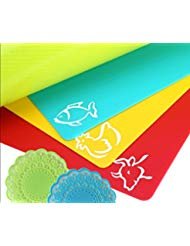 extra thick - extra large + bonus - flexible plastic cutting board mats for kitchen - set of 4 - waffle back - color coded with food icons + bonus 2 silicon coffee coasters by la pomelo