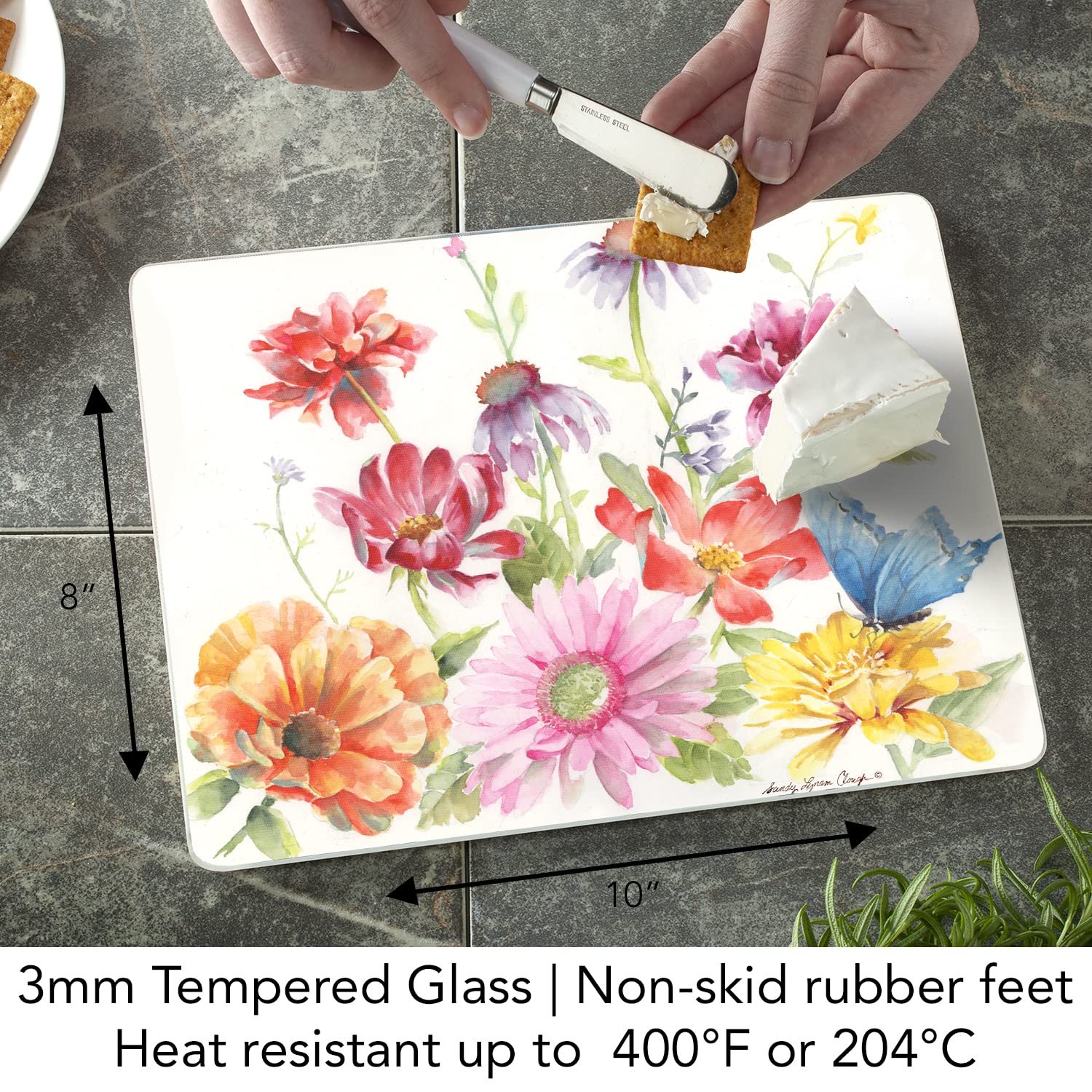 CounterArt Butterfly Meadow 3mm Heat Tolerant Tempered Glass Cutting Board 10” x 8” Manufactured in the USA Dishwasher Safe