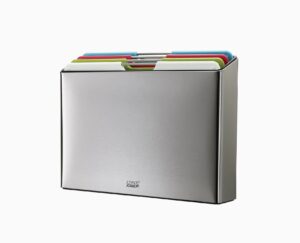 joseph joseph index plastic cutting board set with stainless steel storage case color-coded dishwasher-safe non-slip, large, steel multicolored